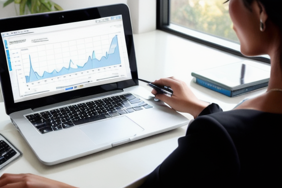 Mulher utilizando um laptop, analisando dados e gráficos