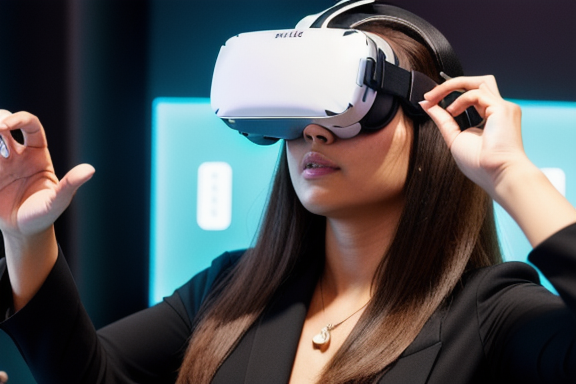 Mulher usando um headset de realidade virtual para experimentar um produto de luxo