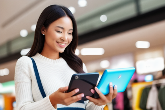 Mulher sorrindo segurando um smartphone enquanto faz compras online